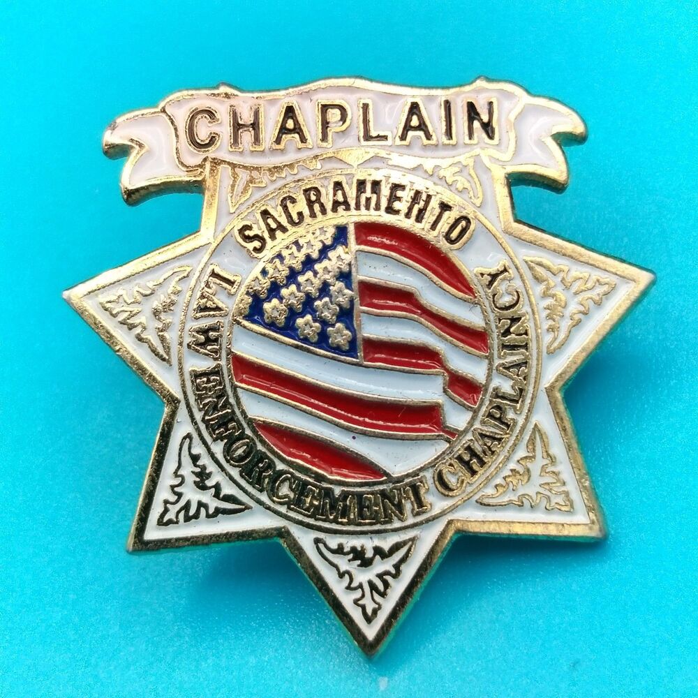 Chaplain Sacramento Law Enforcement Chaplaincy Pin USA Flag Gold Tone Enamel CA
